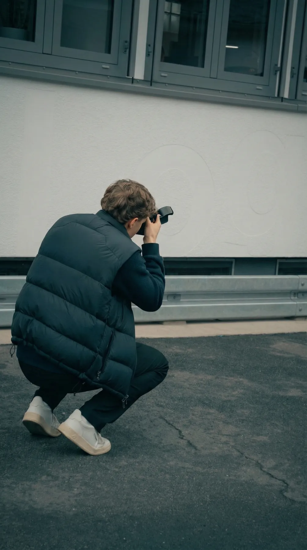 Fotograf in der Hocke bei einer Aufnahme im Freien