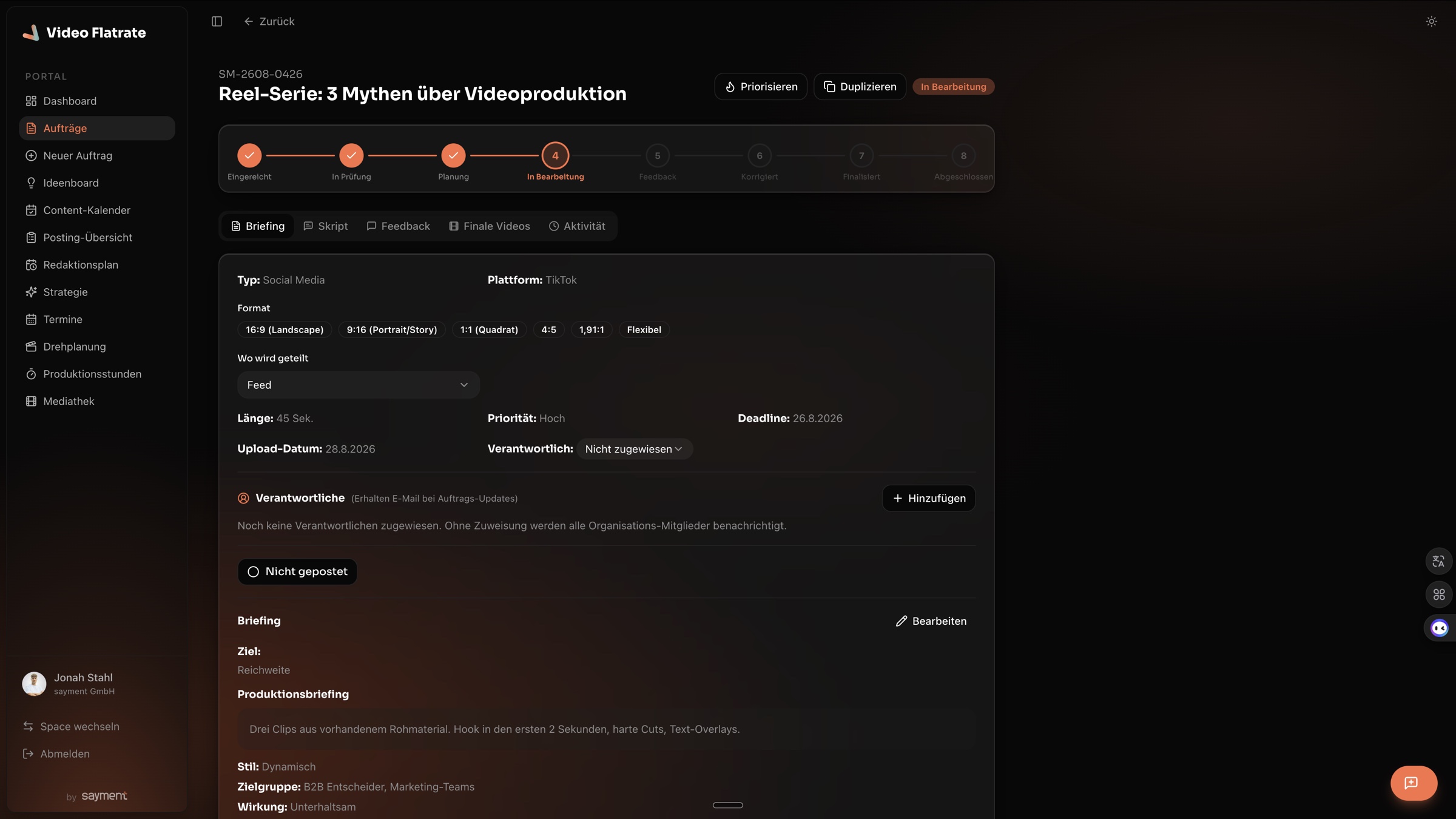 Auftragsbriefing im Portal mit allen Angaben zum Video an einer Stelle.