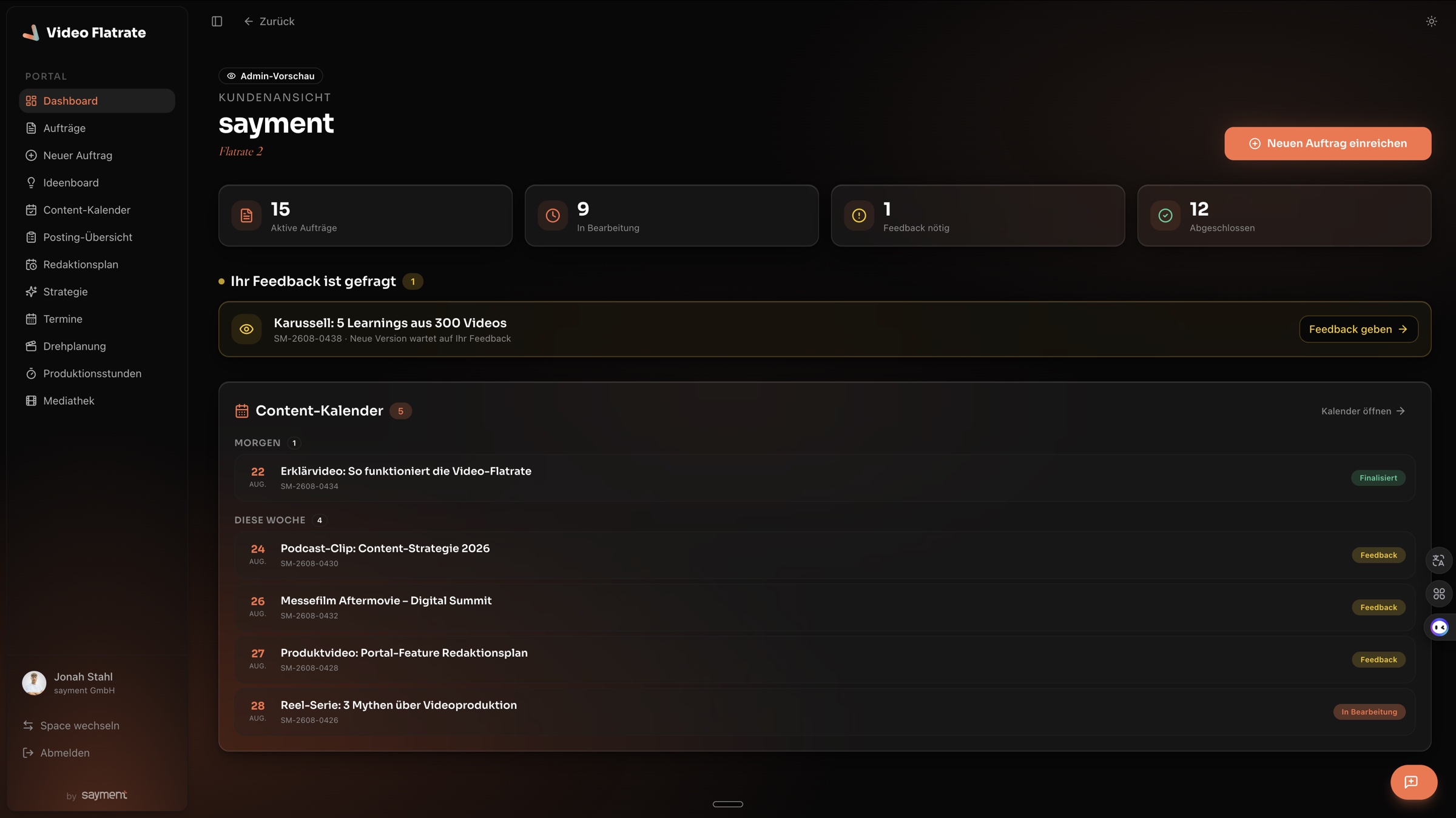 Dashboard im Portal: aktive Aufträge, in Bearbeitung, Feedback nötig, abgeschlossen.