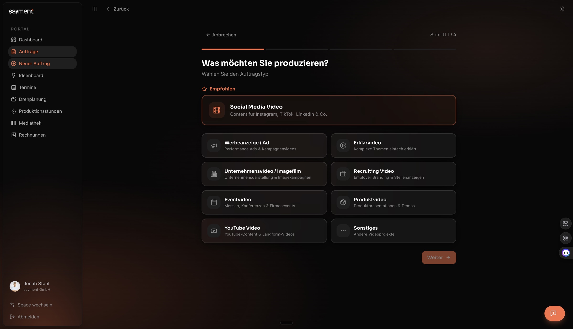 Neuer Auftrag im Portal: Auswahl der Video-Art — Social Media, Werbeanzeige, Erklärvideo, Imagefilm, Recruiting, Event, Produkt, YouTube.