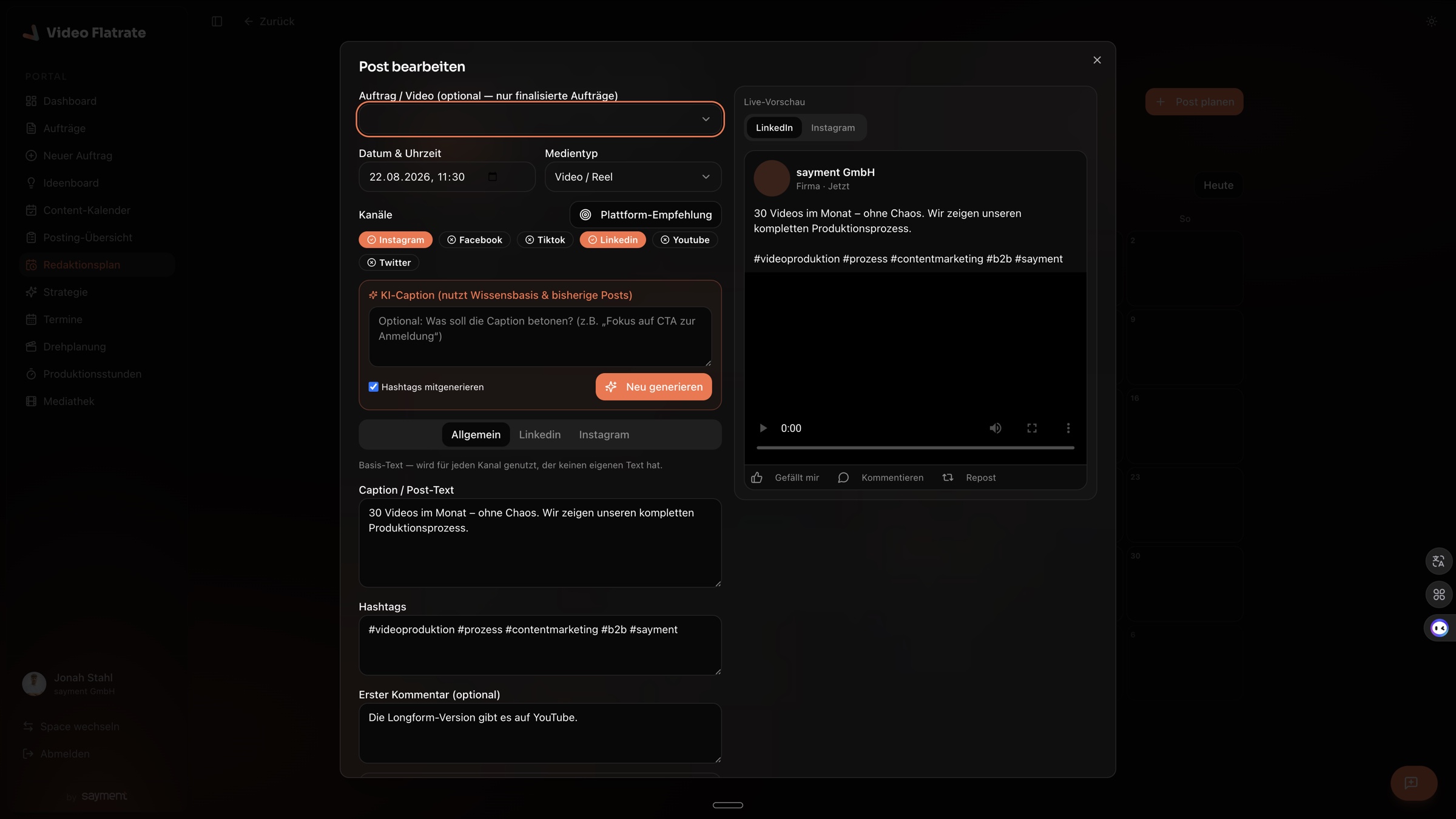 Post-Editor im sayment-Portal: Kanäle, KI-Caption-Generator, Hashtags und Live-Vorschau für LinkedIn und Instagram.