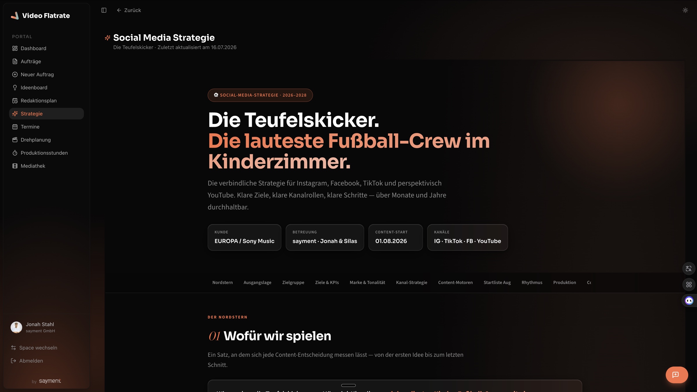 Social-Media-Strategie im sayment-Portal: Positionierung, Kanalrollen und Content-Säulen für einen Kunden, über Jahre gedacht.